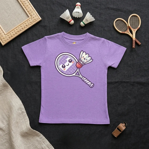 Lavender badminton kids t-shirt shuttle smash sports print flatlay