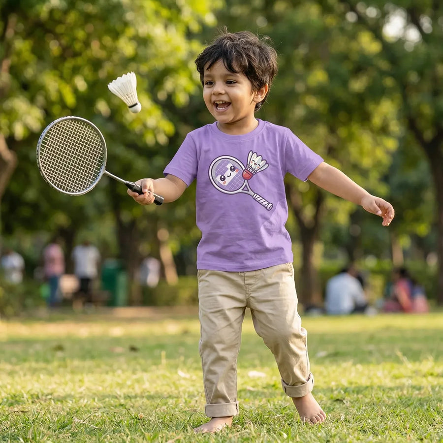 Kid wearing lavender badminton t-shirt shuttle smash design lifestyle-boy