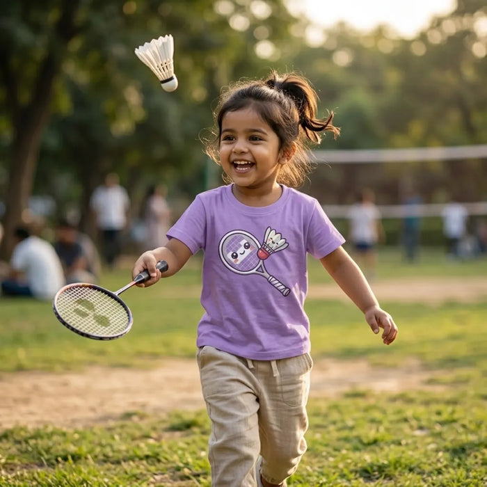 Kid wearing lavender badminton t-shirt shuttle smash design lifestyle-girl