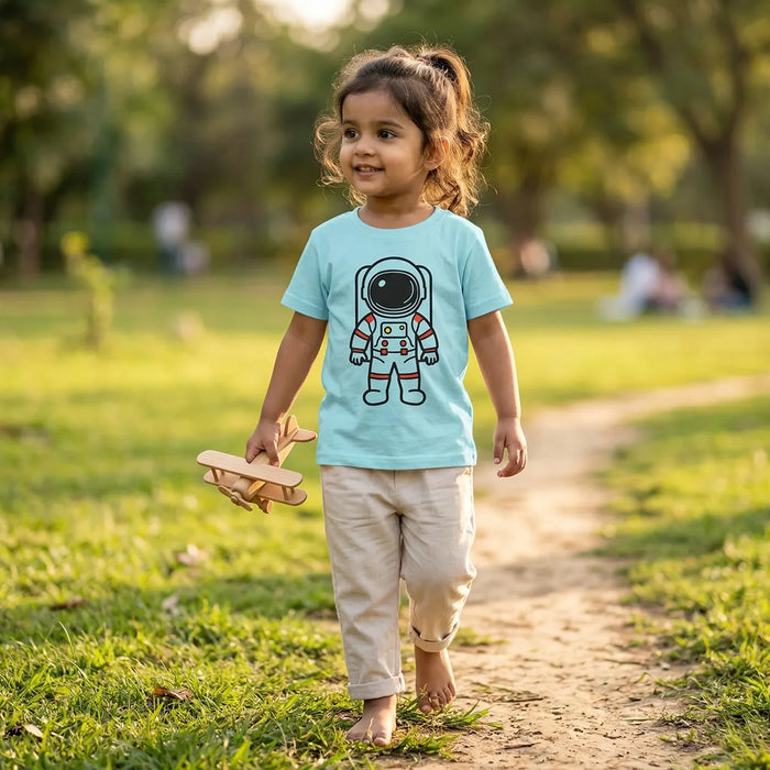 Kid wearing aqua blue astronaut t-shirt space explorer design lifestyle-girl
