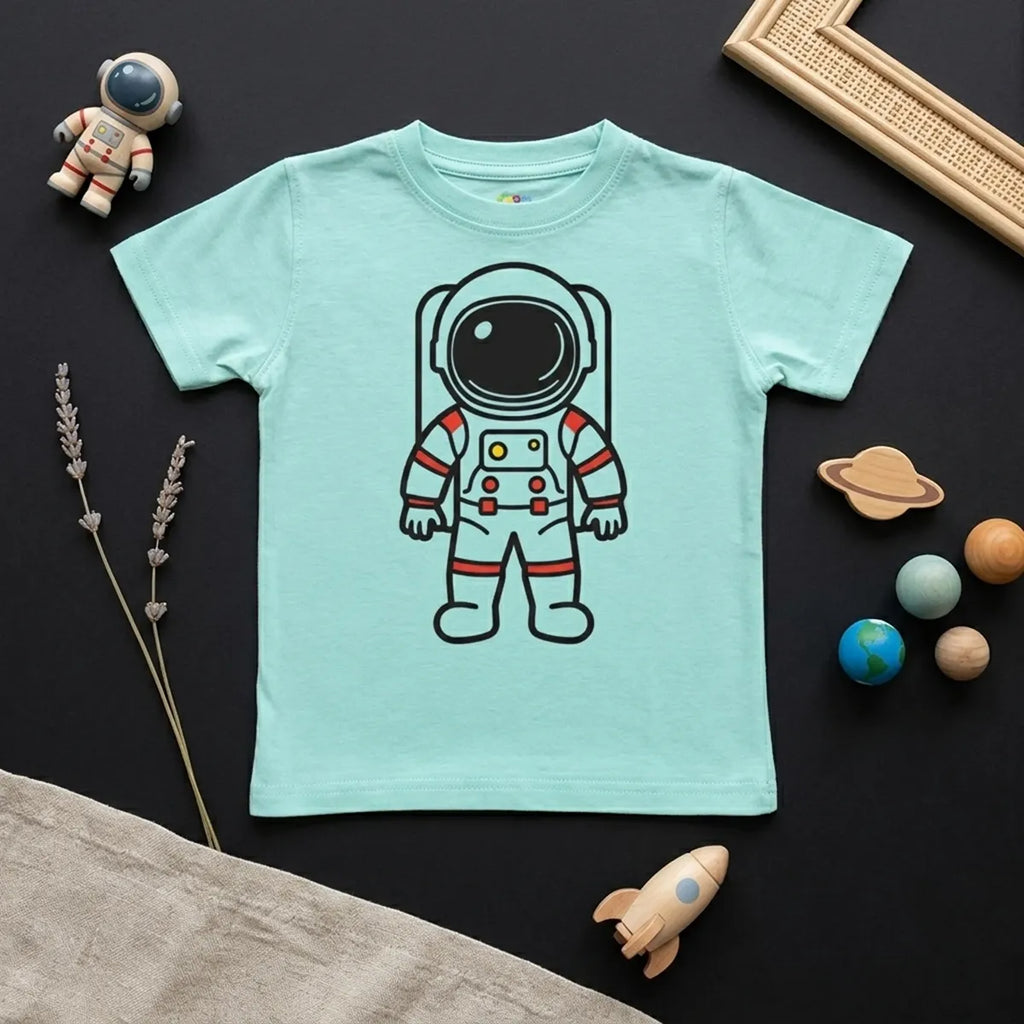 Aqua blue astronaut kids t-shirt with space theme print flatlay