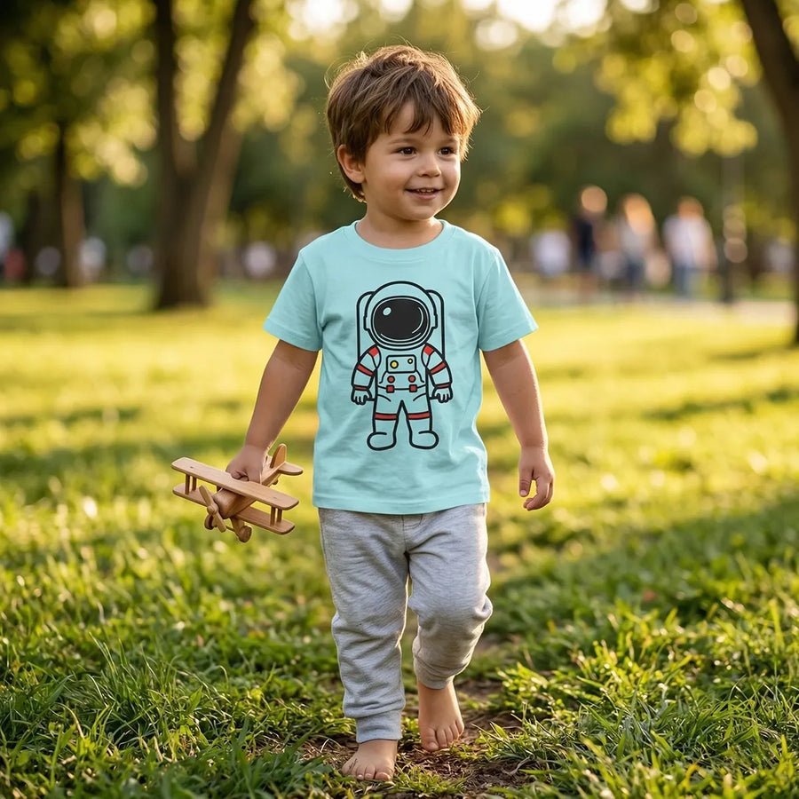 Kid wearing aqua blue astronaut t-shirt space explorer design lifestyle-boy