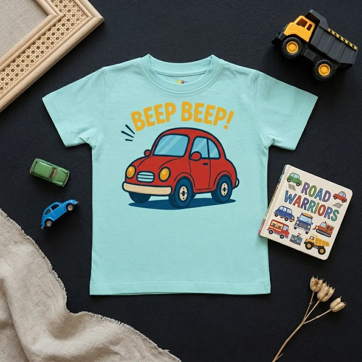 Aqua blue racing car kids t-shirt speed car print flatlay