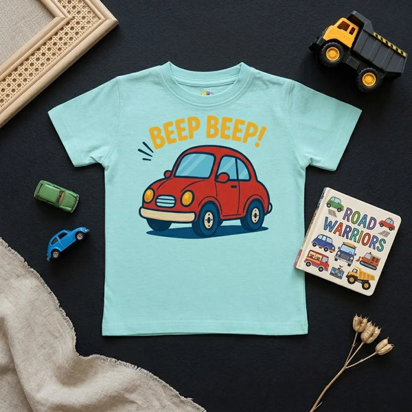 Aqua blue racing car kids t-shirt speed car print flatlay