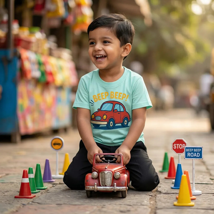 Kid wearing aqua blue car print t-shirt speed racer design  lifestyle-boy