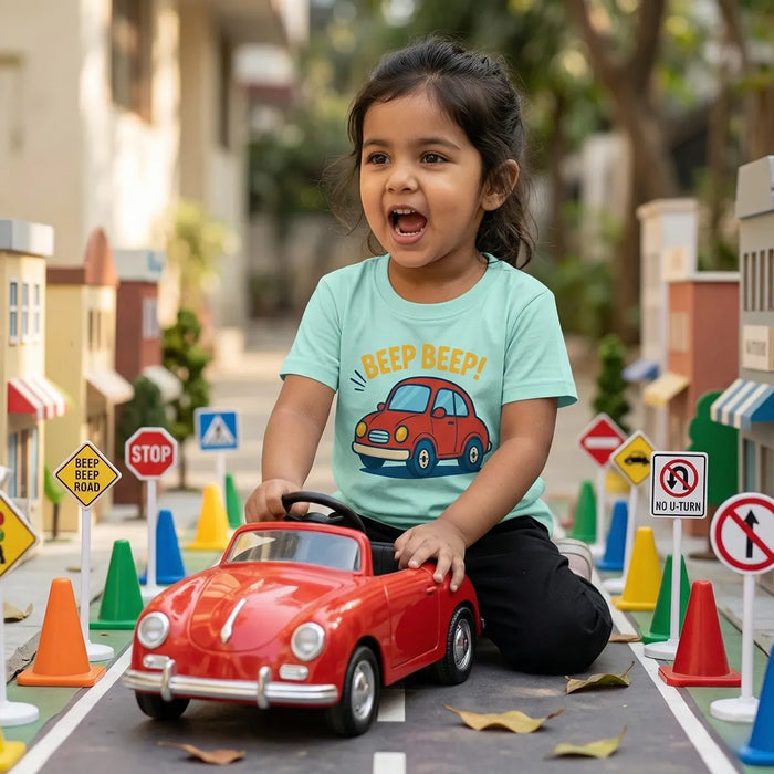 Kid wearing aqua blue car print t-shirt speed racer design  lifestyle-girl