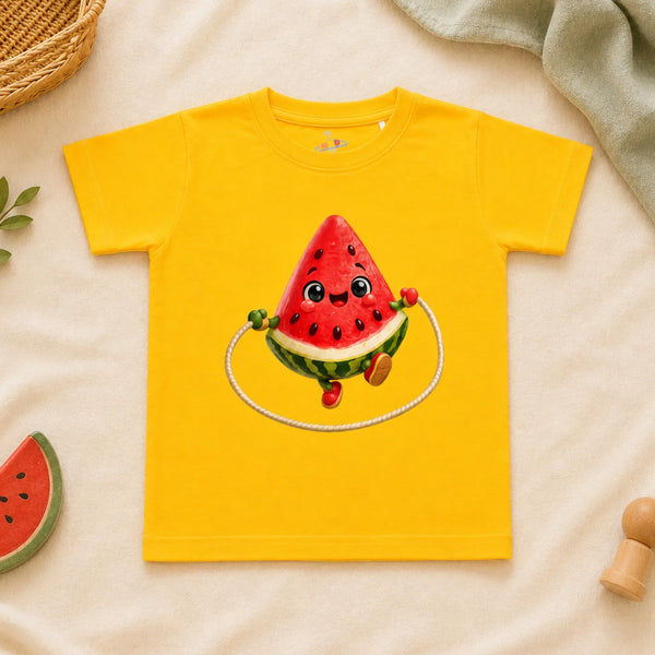 A sunshine yellow kid's t-shirt featuring a cartoon graphic of a smiling watermelon slice jumping rope