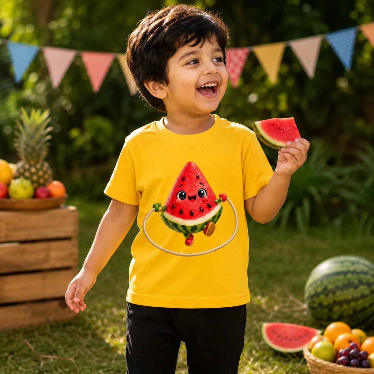 A small boy smiling outdoors while wearing a bright yellow short-sleeve t-shirt with a cute cartoon watermelon graphic on the front. He is holding a slice of watermelon in his hand, with a festive background featuring bunting flags, a pineapple, and other fruits. lifestyle-boy