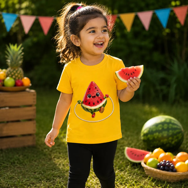 A small girl smiling outdoors on grass while wearing a bright yellow T-shirt with a large watermelon graphic on the front and holding a slice of watermelon. Fruit baskets, a watermelon, and colorful bunting are visible in the background. lifestyle-girl