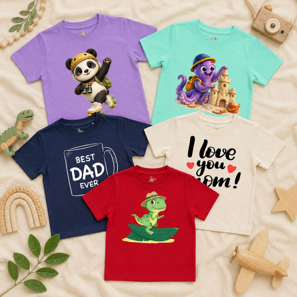 A flatlay of five kid's t-shirts arranged on a textured cream blanket alongside a wooden toy dinosaur, a woven rainbow, a wooden toy camera, a wooden star, and a wooden toy airplane. The collection includes a lavender t-shirt showing a cheerful panda wearing a yellow helmet and roller skates, a spearmint t-shirt featuring a cheerful purple octopus building a sandcastle, a navy blue t-shirt displaying a white line drawing of a mug with the text "BEST DAD EVER", an ivory t-shirt with the text "I love you mom!