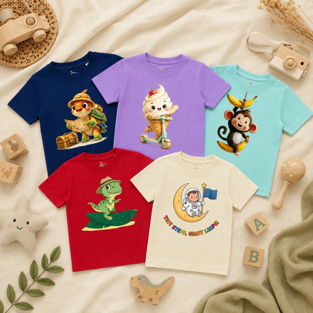A flatlay of five kid's t-shirts arranged on a textured cream blanket alongside wooden toys, alphabet blocks, and natural decor. The collection includes a navy blue t-shirt featuring an adventurous sea turtle, a lavender t-shirt showing a cheerful ice cream cone on a scooter, a spearmint t-shirt with a playful monkey swinging on bananas, a red t-shirt displaying a green dinosaur standing on a large leaf, and an ivory t-shirt showing a little astronaut sitting on a crescent moon above the text "TINY STEPS, G